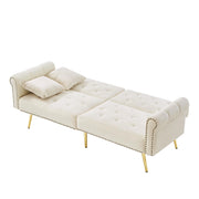 Divano Letto 2 Posti con Doppi Schienali Regolabili 3 Posizioni e 2 Cuscini; Piedini in Metallo Dorato in Velluto Beige