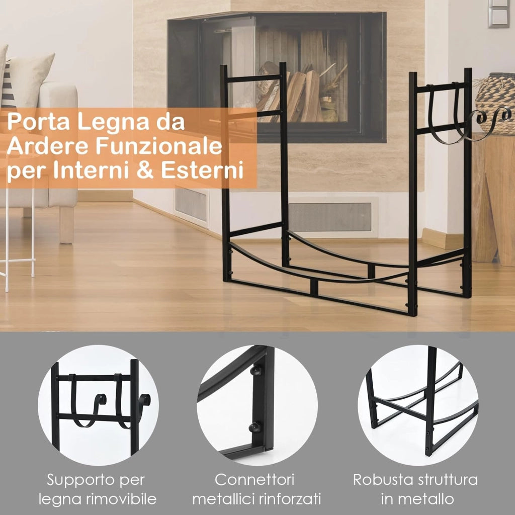 Porta Legna per Interni ed Esterni, Porta Legna per Camino in Acciaio Resistente, Portalegna da Ardere per Stufe e Braciere (84 x 33 x 76 cm, Portata 50 kg)