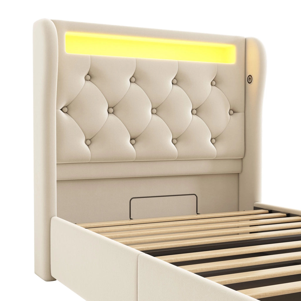 Letto singolo imbottito 90x200 cm in velluto beige con LED; ricarica USB e Type C; contenitore idraulico