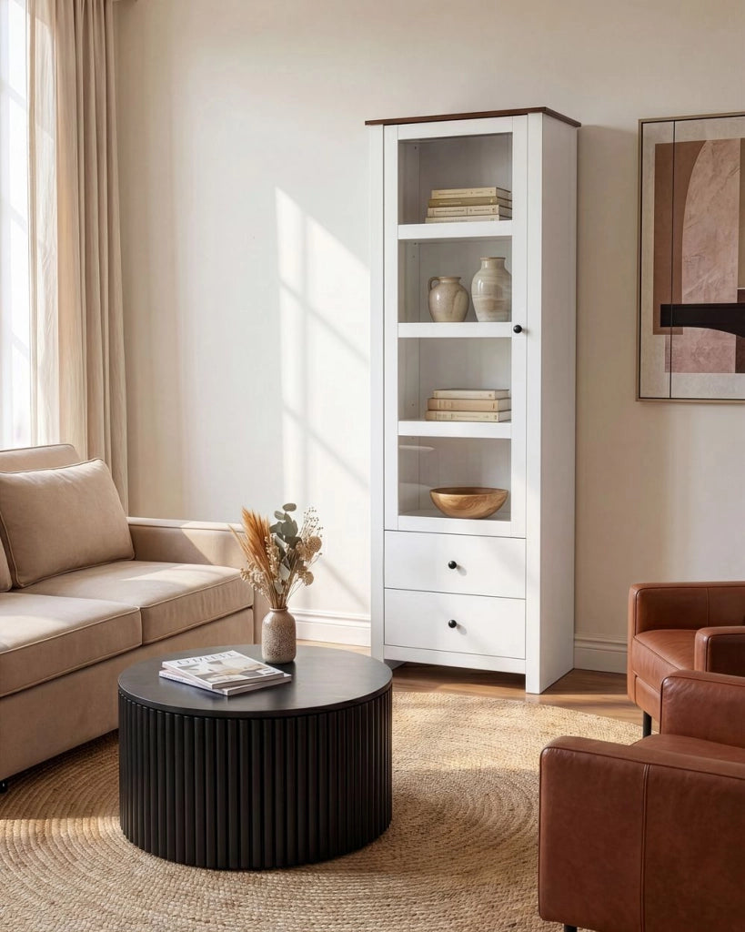Vetrina bianca in MDF, 60 cm, vetrina alta con ante in vetro e cassetti, stile rustico-country
