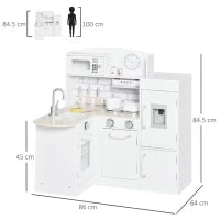 Cucina Giocattolo per Bambini in Legno con 14 Accessori, Forno, Lavandino, Frigo e Microonde, Età 3+ Anni, 86x64x84.5cm, Bianco e Argento