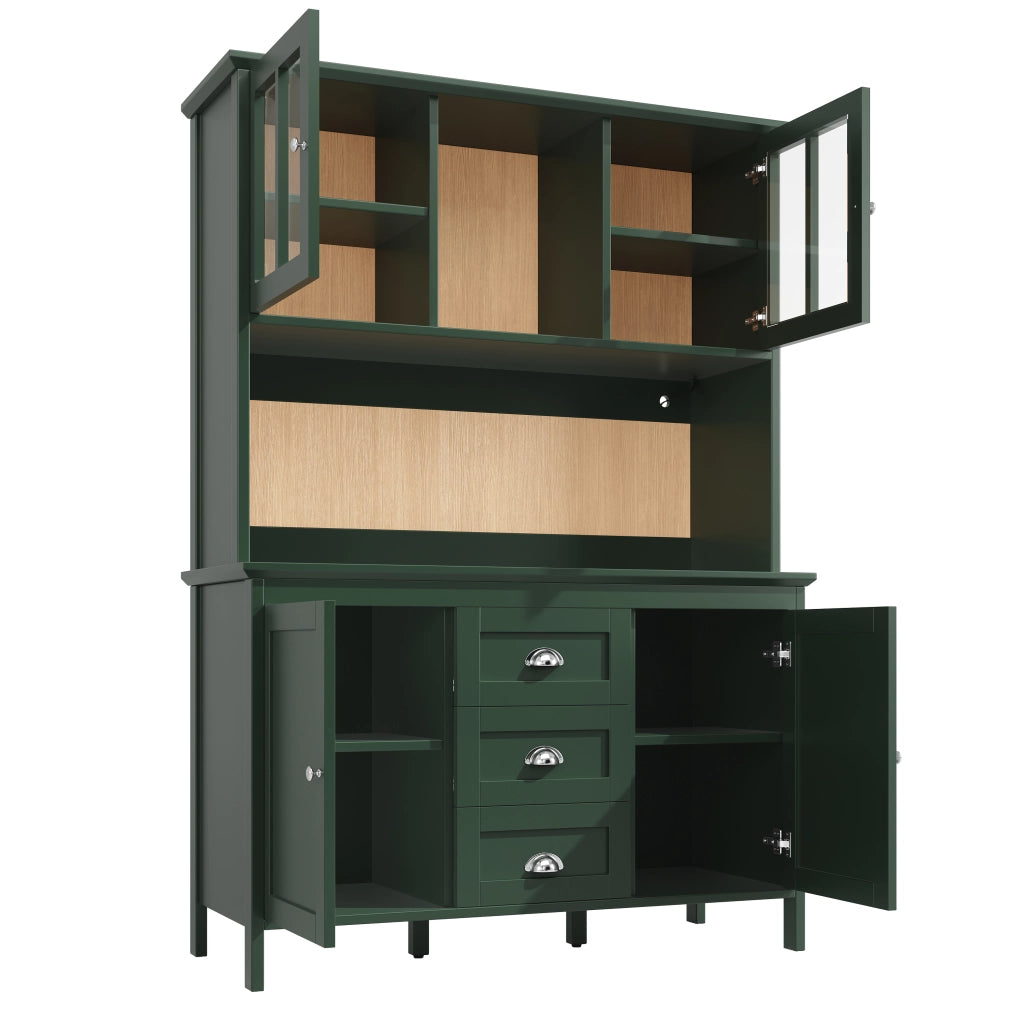 Credenza alta da cucina con ripiani; LED; 2 piedini regolabili; ante in vetro marrone e cassetti per cucina; verde; 120 × 40 × 179 cm