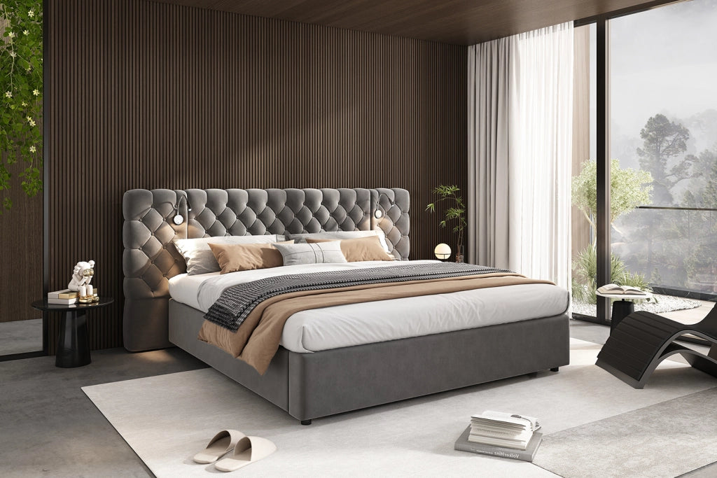 DESMIU Letto contenitore 160 × 200 cm 2 posti con vano idraulico e lampada da lettura, senza materasso, velluto grigio