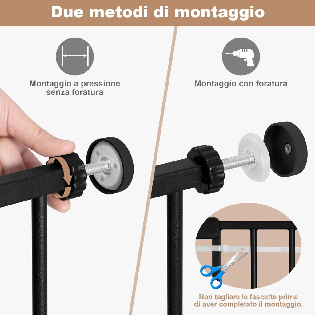 Cancelletto per Bambini in Metallo, Cancello per Scale e Porte 75-97 cm, per Cani, Apertura Bidirezionale, Chiusura Doppia, Montaggio con o senza Fori, Nero