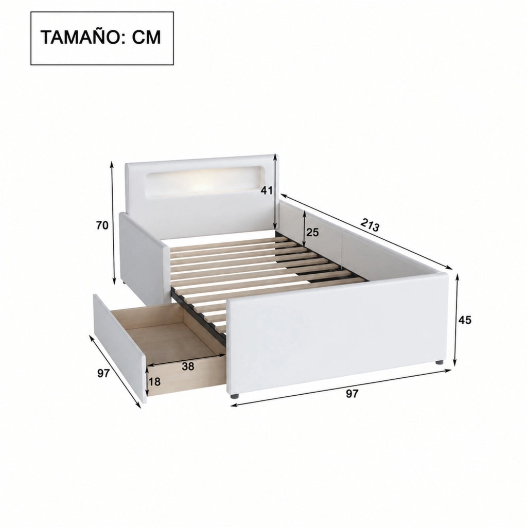 Letto per bambini imbottito 90 × 200 cm con luce notturna USB cassetti e sponde alte in similpelle bianca
