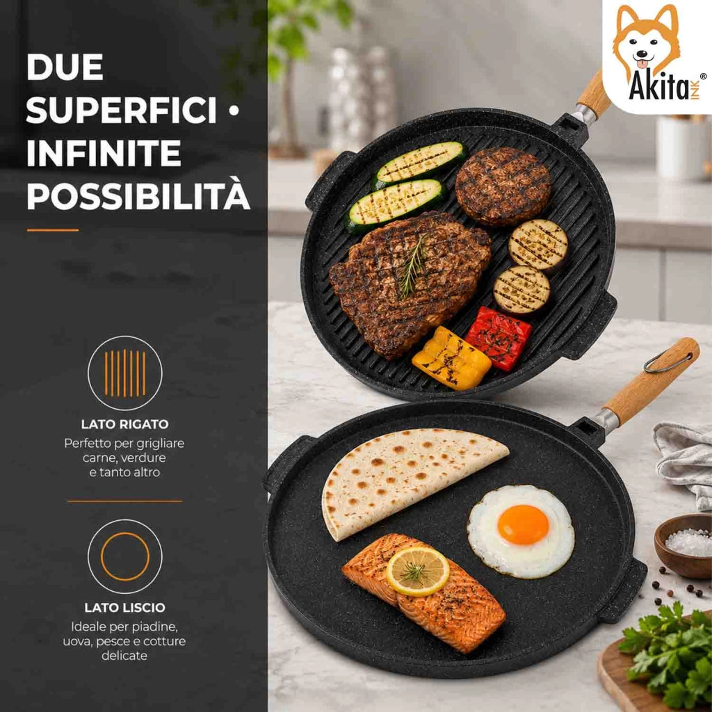 Akitaink Piastra Grill Double Tonda 36 cm Antiaderente Alluminio