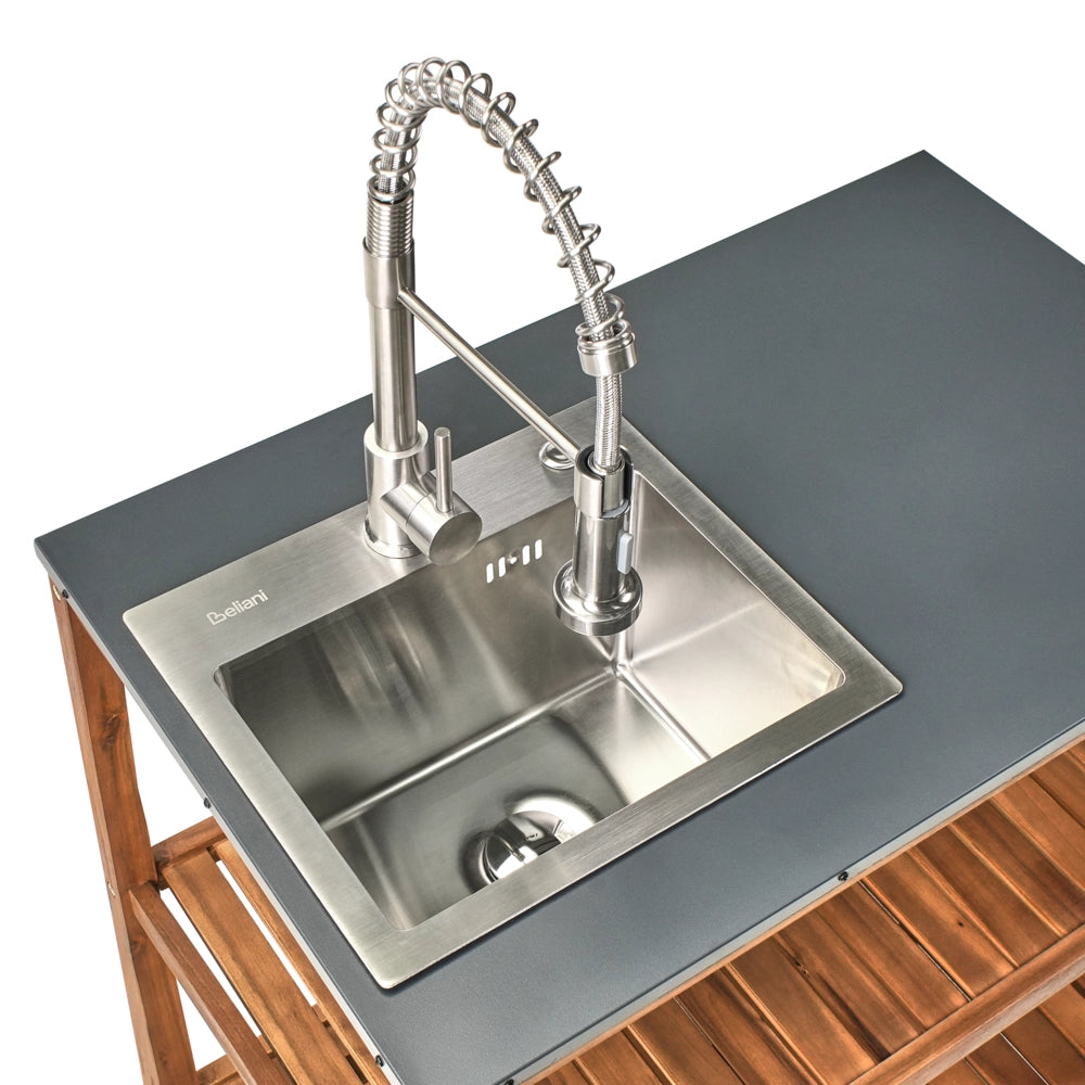 Isola da giardino in legno di acacia marrone e argento 2 ripiani 80 x 50 x 83 cm Piano in acciaio Giardino Cucina Pranzo