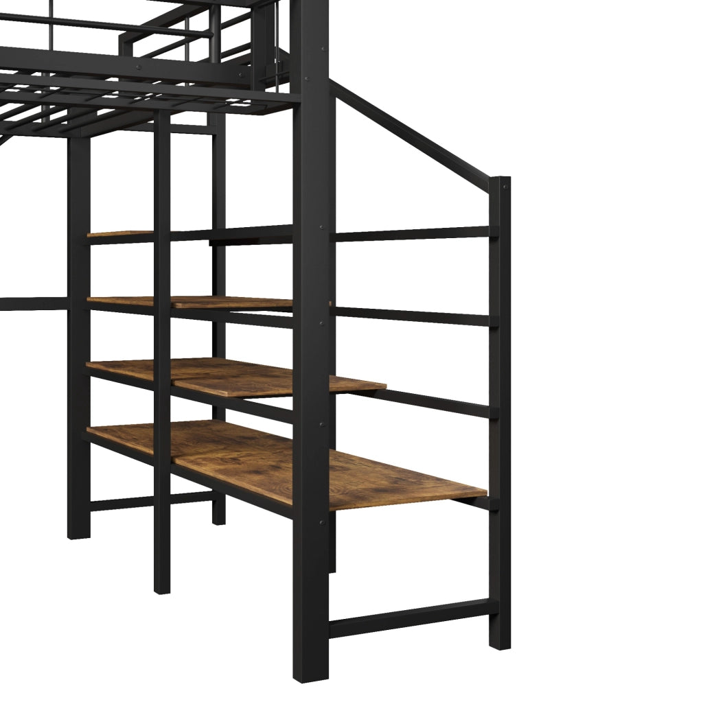 Letto a soppalco 140x200 cm in metallo nero con scala contenitore e LED