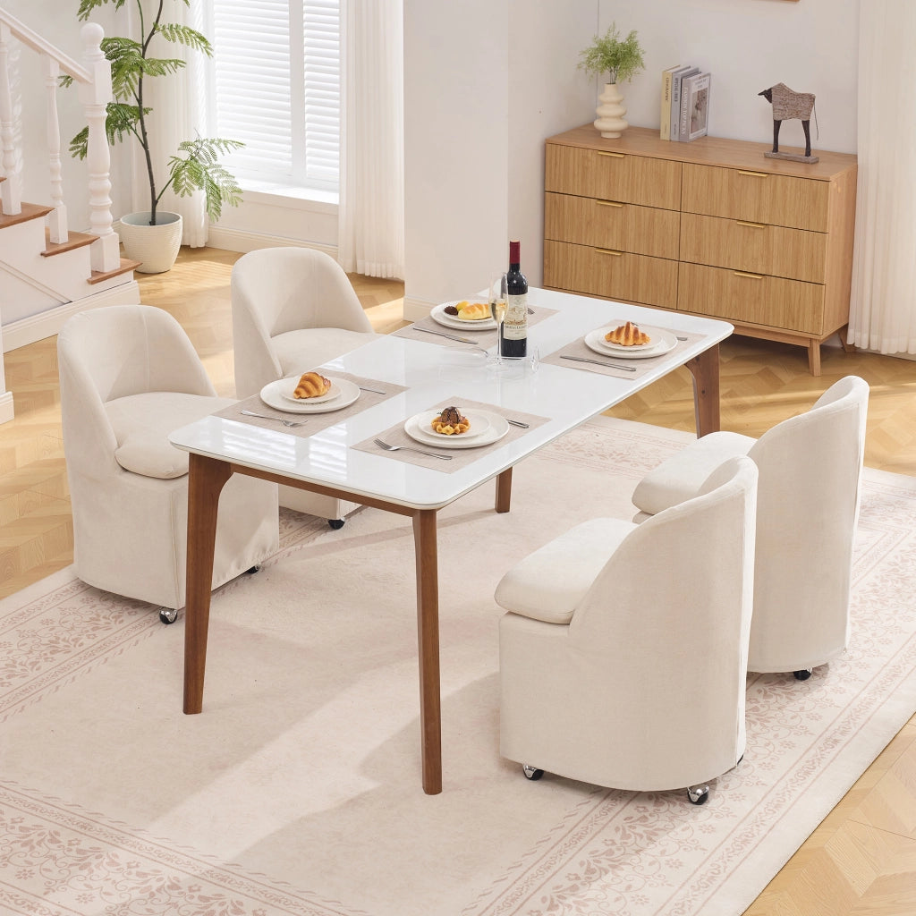 SEDIA girevole con rotelle 53,5x53x78,5 cm in chenille beige Set da 2 pezzi