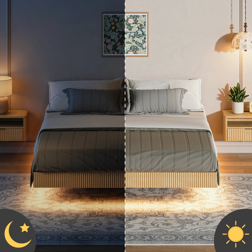Letto matrimoniale sospeso 180x200 cm con LED RGB rovere chiaro