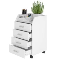 Cassettiera da Ufficio in Legno con 4 Cassetti, Ruote e Bordi Rialzati, 40x36x65cm, Bianco