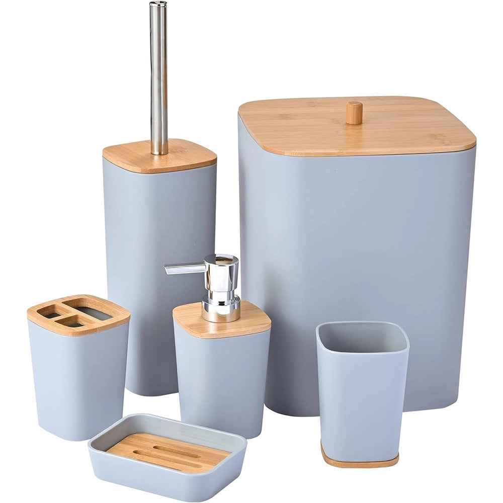 Trade Shop - Set Accessori Bagno In Bambù 6 Pz Moderno Bidone Spazzatura Portasapone Dispenser -