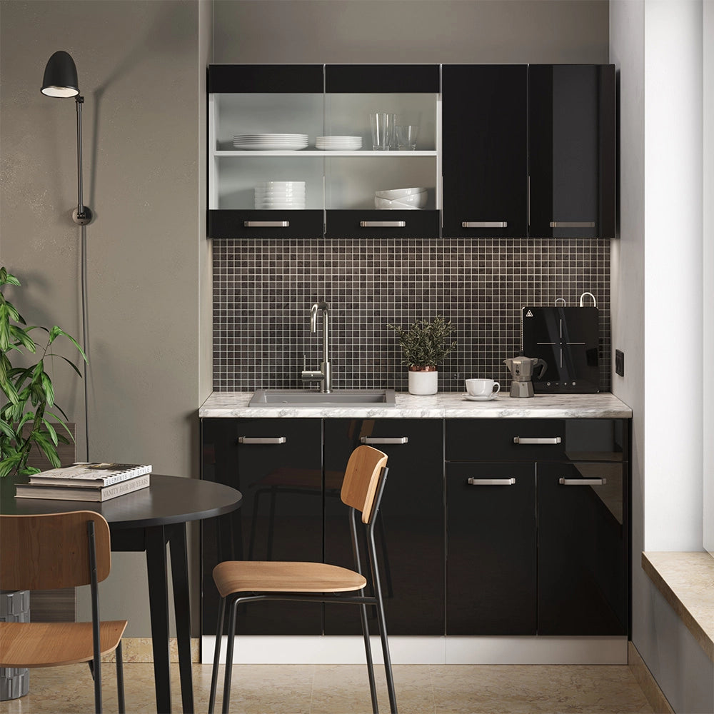 Vicco Cucina monoblocco Nero lucido 140 cm , PL Marmo
