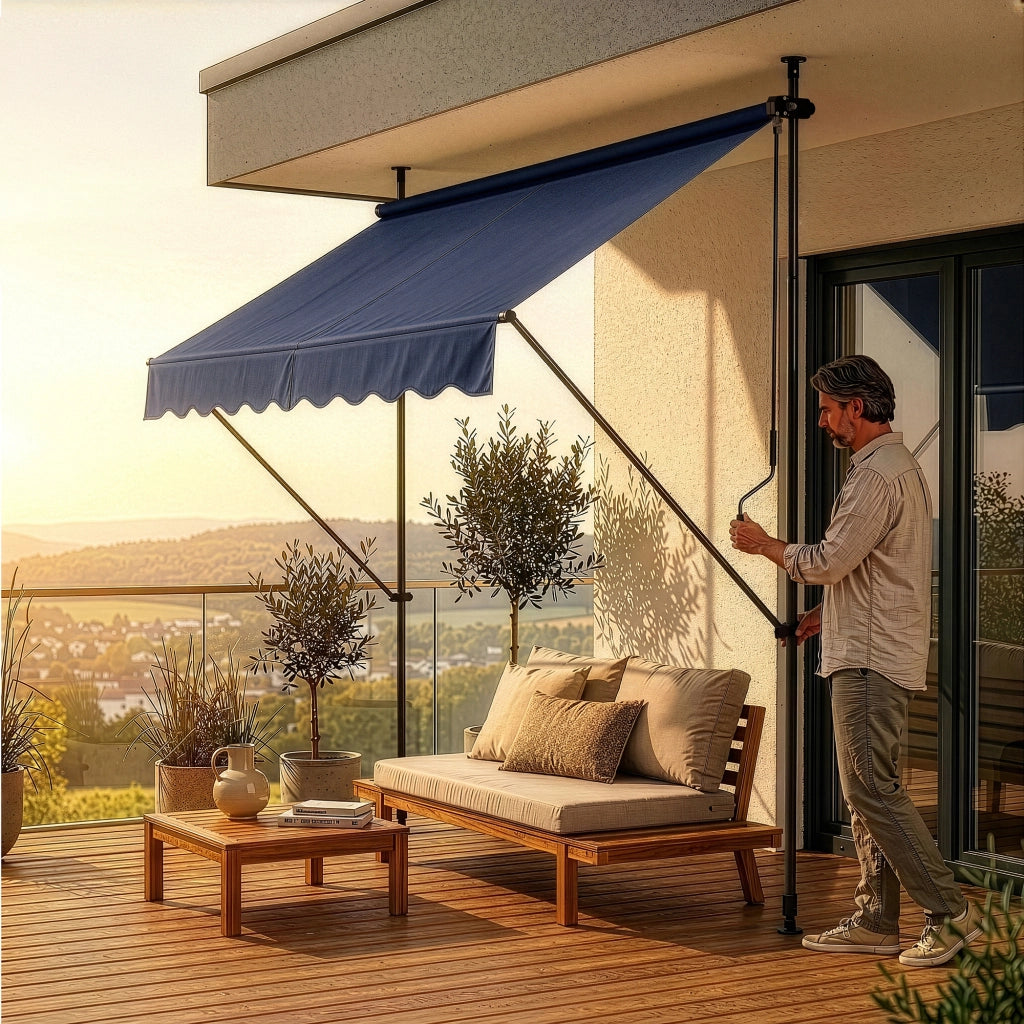 Tenda da Sole a Muro con Pali di Supporto Telescopici Parasole 200 x 120 cm (LxP) Blu Scuro pro.tec