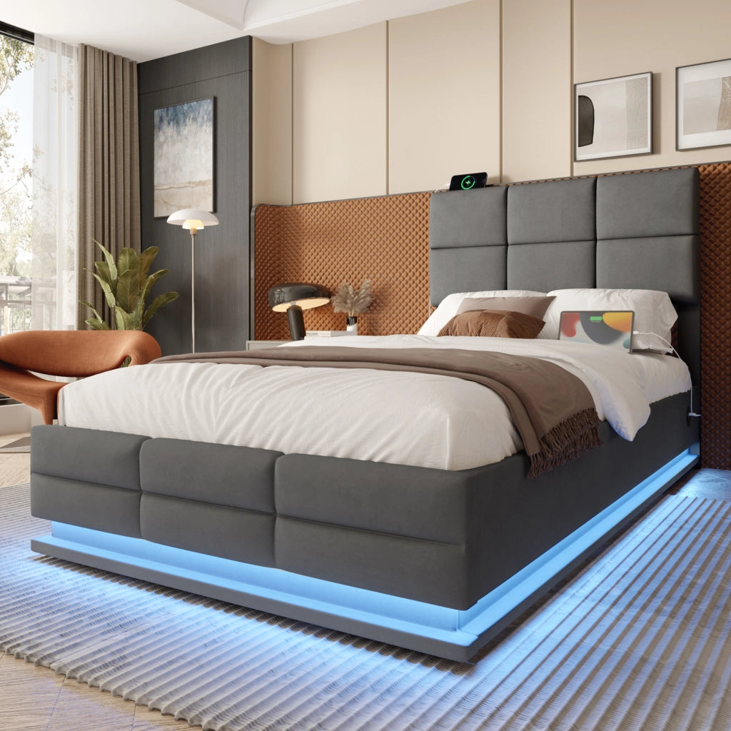OKWISH Letto Contenitore 90×200 cm, Letto Singolo con USB, Tipo C, LED Regolabile e Testiera Regolabile, senza Materasso, in Velluto, Grigio Scuro