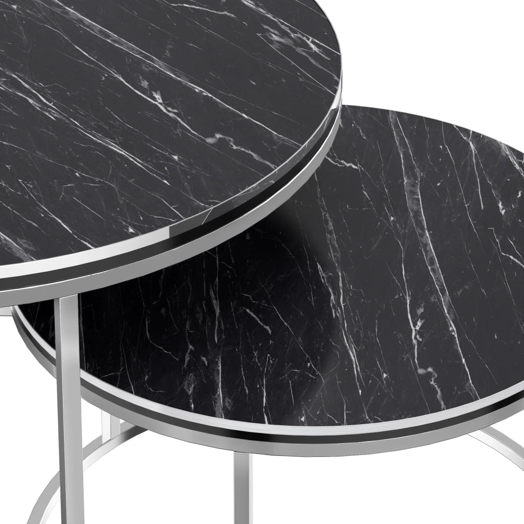 Set di 2 tavolini rotondi impilabili in marmo nero e argento 03_0008371