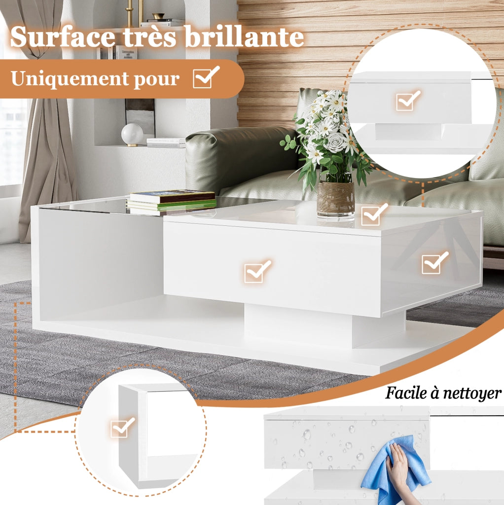 Tavolino da caffè con LED e ripiano; 105x55x32;5 cm; pannello truciolare bianco lucido