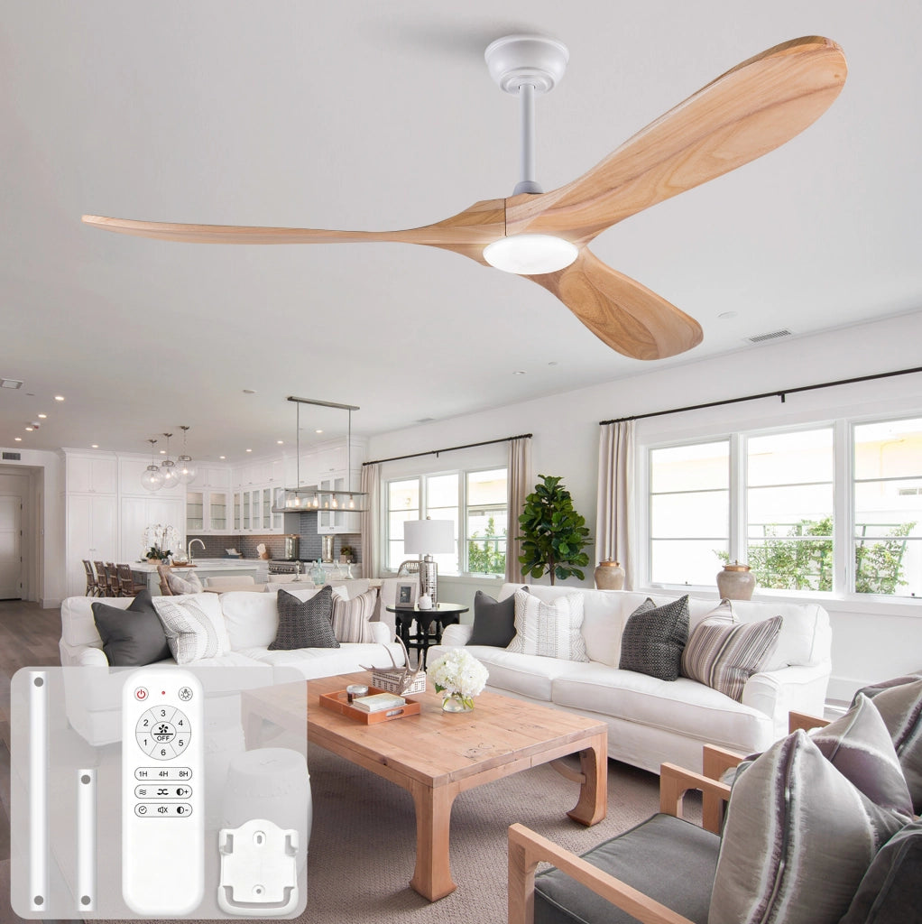 Ventilatore da soffitto 60 pollici con luce LED; 3 pale in legno massello; bianco naturale