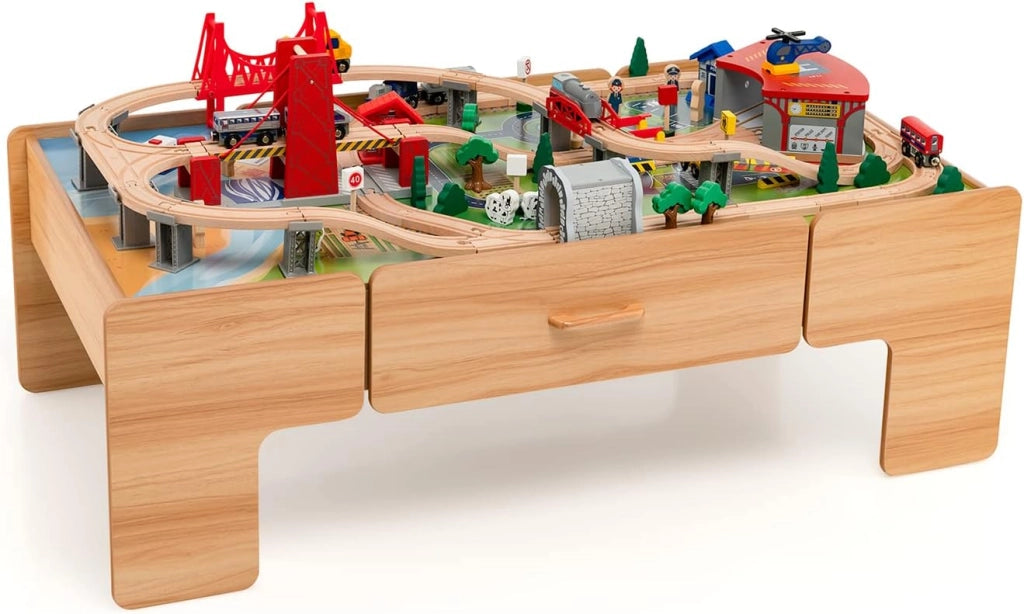 Tavolo e Set Treno Giocattolo in Legno, Set da Gioco Creativo Treni e Binari per Bambini con 100 Pezzi, Trenino per Bambini Anni 3+