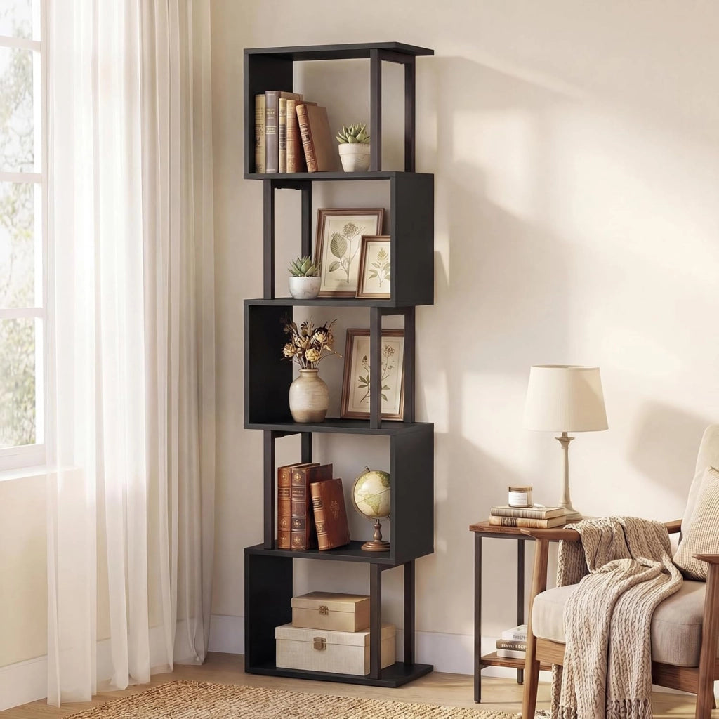 Libreria a 5 Livelli in Legno, Scaffale Espositore Geometrico con Struttura in Metallo, Mobile Portaoggetti Salvaspazio per Camera da Letto Soggiorno Ufficio, 38x23x147 cm (Nero)