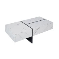 Tavolino Salotto Moderno con Sistema di Illuminazione a LED, Design in Marmo Sintetico con 3 Cassetti, 100x50x34.5 cm, Bianco