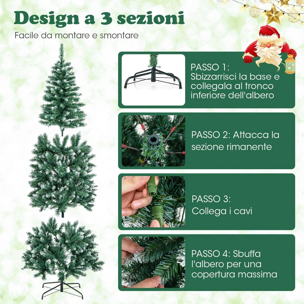 Albero di Natale Slim con Luci 150/180cm, Albero di Natale Innevato con 408/618/818/1298 Punte, 200/250/350/500 Luci LED Bianche Calde, Supporto in Metallo Pieghevole (180 cm)