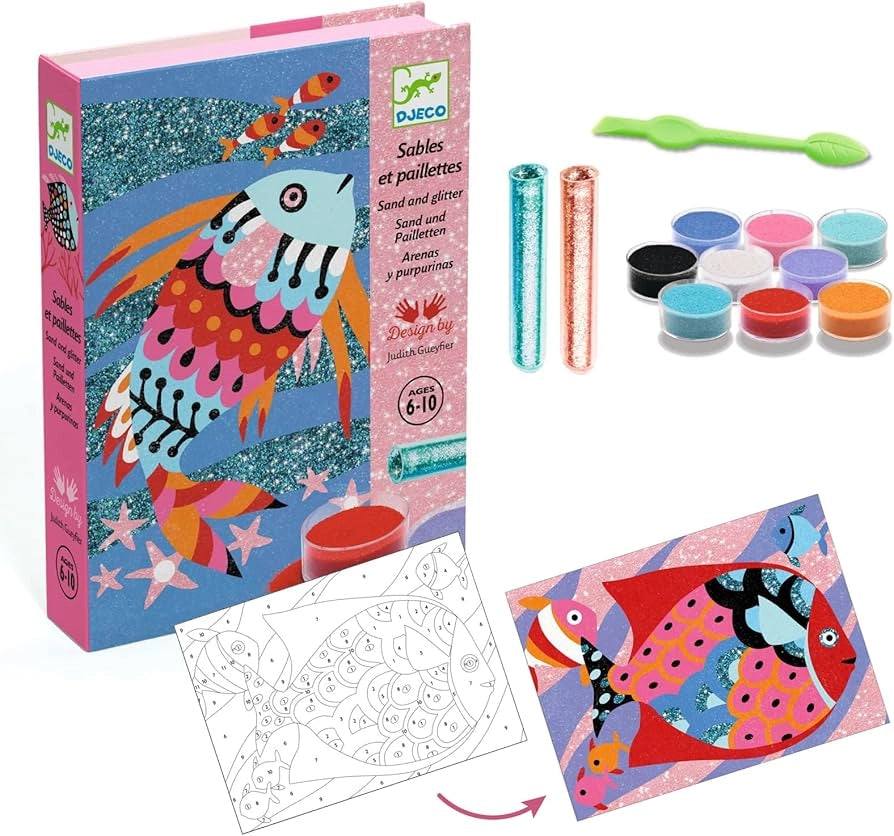Kit creativo Sabbia e lustrini Arcobaleno di pesci, Djeco, Eta 6-10 anni