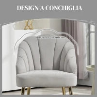 Poltrona in Velluto da Camera e Salotto a Conchiglia Stile Art Deco, Acciaio, 63x65x84 cm, Grigio