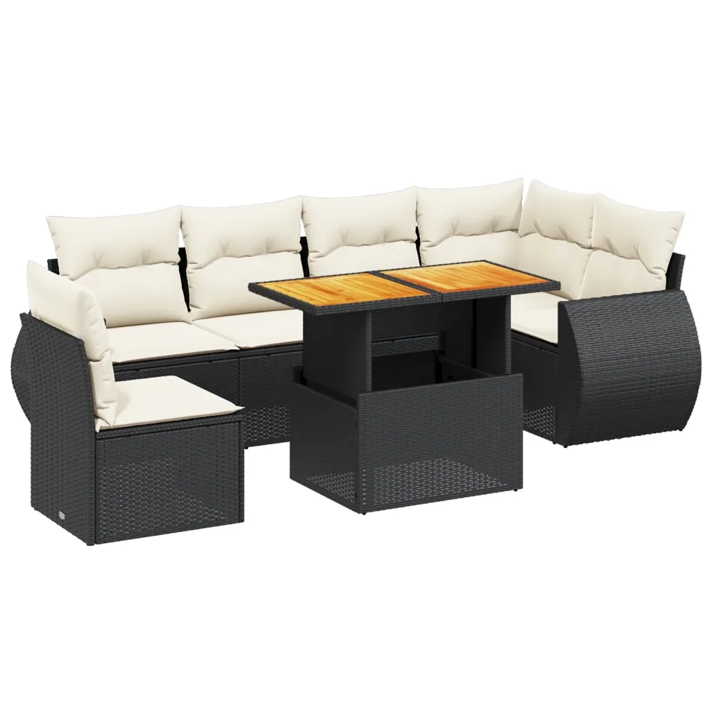 Set Divani da Giardino con Cuscini 7pz Nero Polyrattan