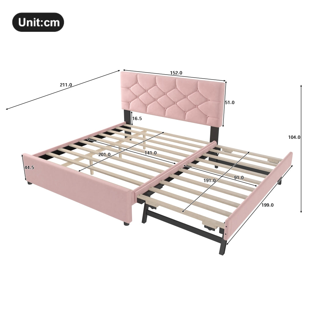 Letto imbottito 140x200cm - Zephmum - Con contenitore a rotelle, velluto, rosa, minimalista