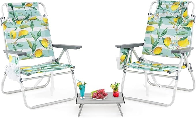 Set di Sedie e Tavolino da Giardino, Tavolo Laterale e Sedie Pieghevole con Schienale Regolabile a 5 Angolazioni, Struttura in Alluminio e Portabicchieri,Set di Mobili per Picnic (Verde)