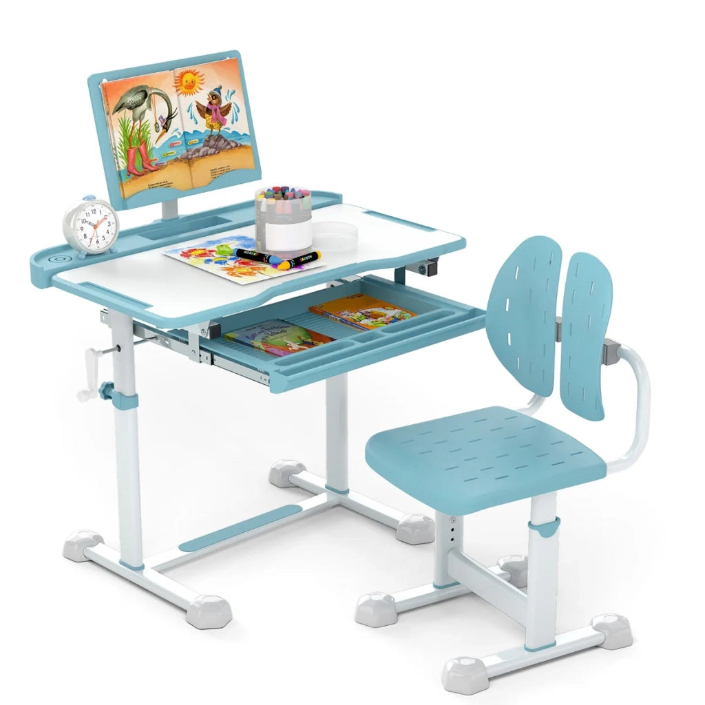 Set scrivania e sedia per bambini regolabile 80 x 50 x 83-99 cm con cassetto suddiviso in scomparti e porta libri in MDF blu 20_0011851