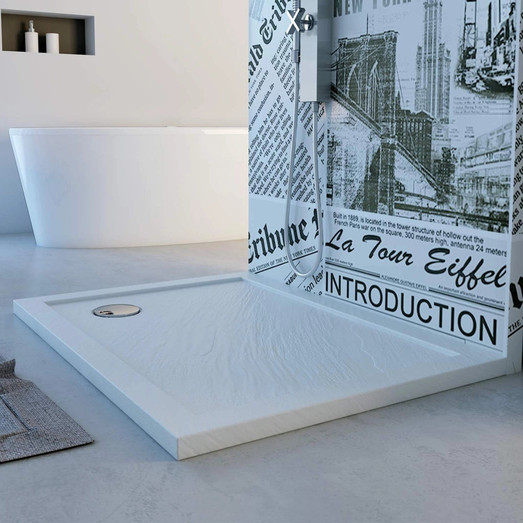 Piatto Doccia Slim 100x100x4 cm Quadrato Acrilico Bordato Bianco Effetto Pietra mod. Flower