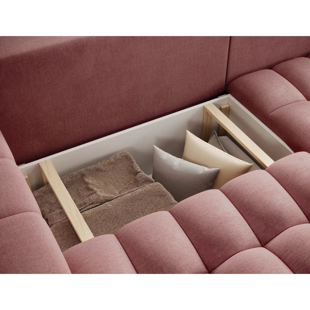 Divano angolare trasformabile DORY rosa 250 cm con vano contenitore angolo destro