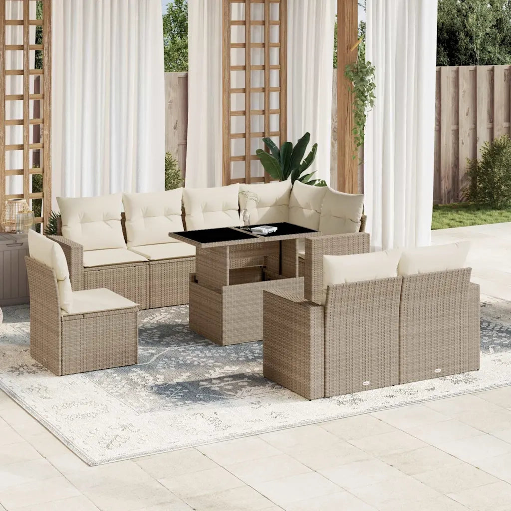Set Divano da Giardino 9 pz con Cuscini Beige in Polyrattan