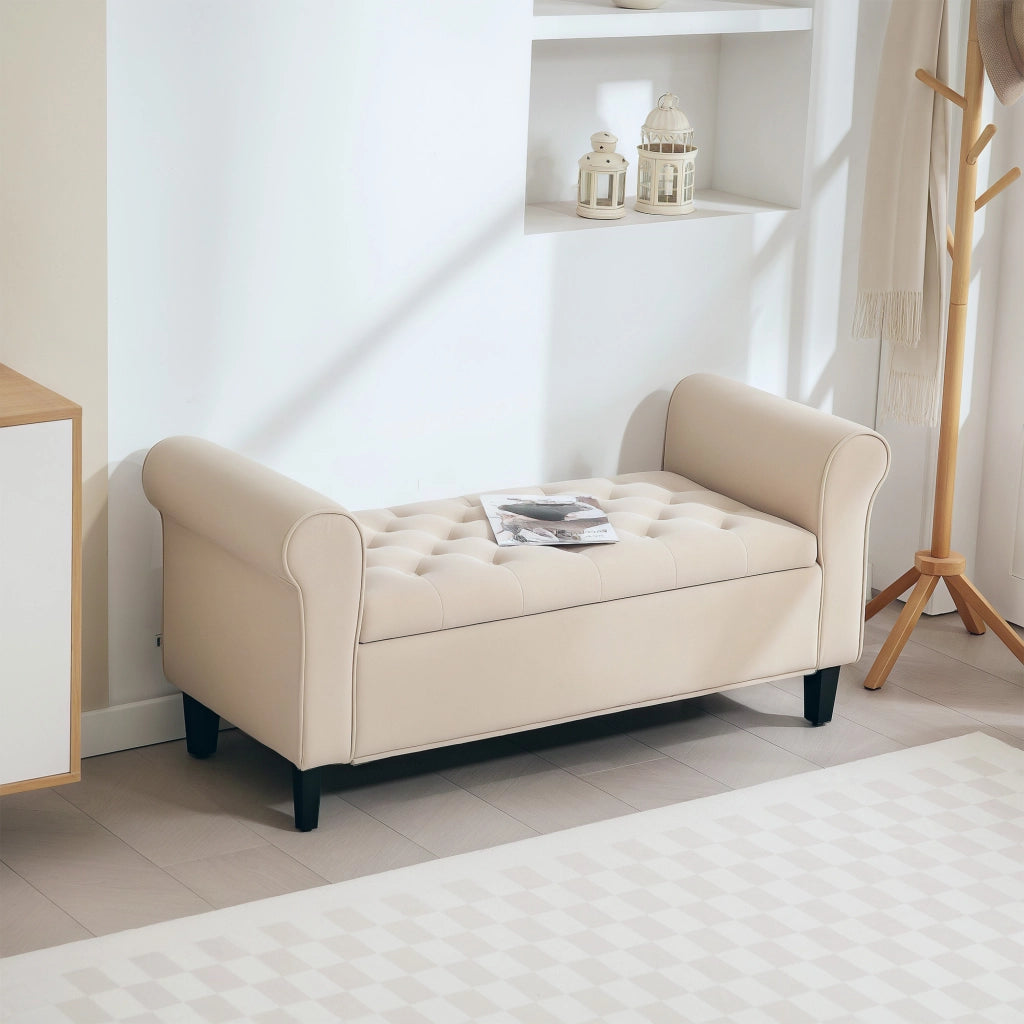 Panca Fondo Letto in Tessuto Velluto con Contenitore ¨C Minimal ¨C Beige 126x48.5x57 cm