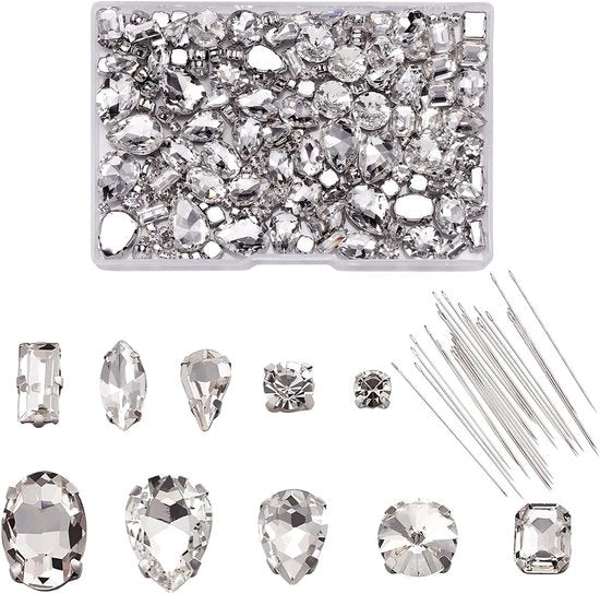 180 pezzi di punti di cucito in vetro con ago cristallo per cucito a clavetta strass con foro per abbigliamento e accessori di DIY.