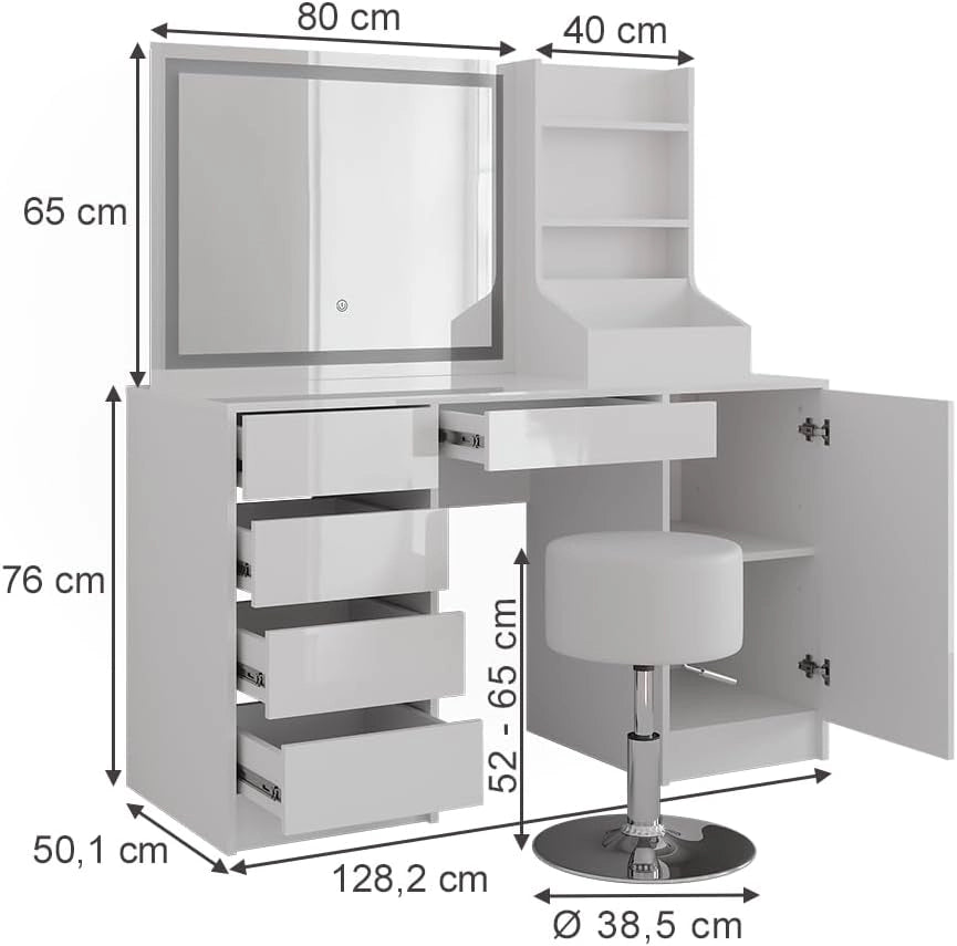 Tavolo da toeletta Sherry, Bianco/bianco lucido, 128.2 cm 4 parti
