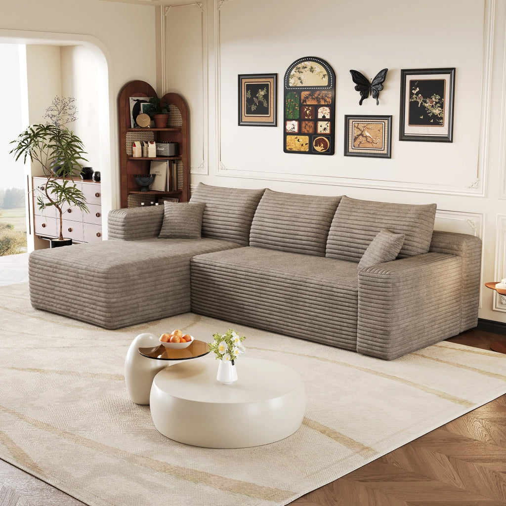 Divano angolare in tessuto con schiuma elastica e design ondulato senza montaggio camel 241 × 151 × 58 cm