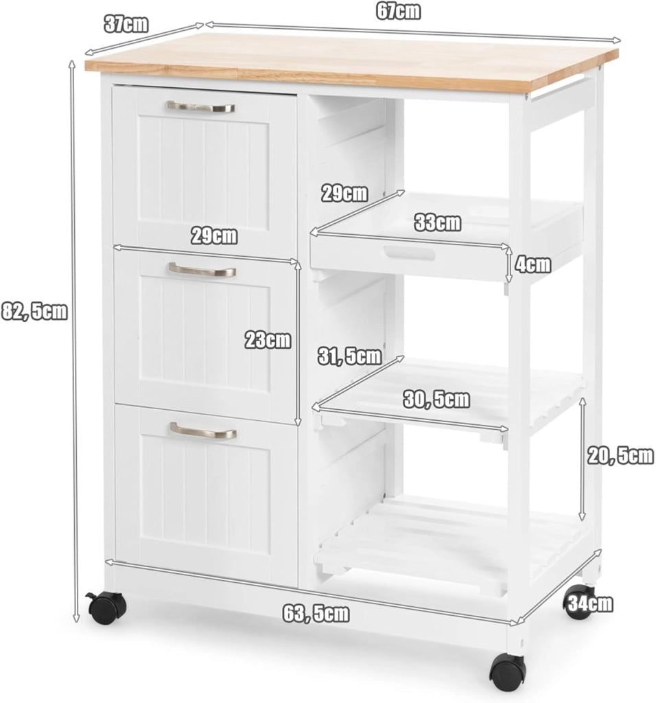 Carrello da Cucina con Ruote, Credenza Cucina con 4 Ripiani e 3 Cassetti, in Legno, Ideale per Cucina Ristorante e Bar, 67 x 37 x 83,5 cm (Bianco)
