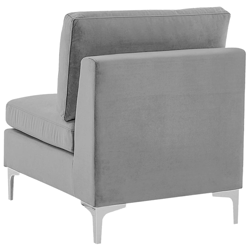 Divano ad angolo componibile versione sinistra a 5 posti in velluto grigio con gambe in metallo argento stile glamour