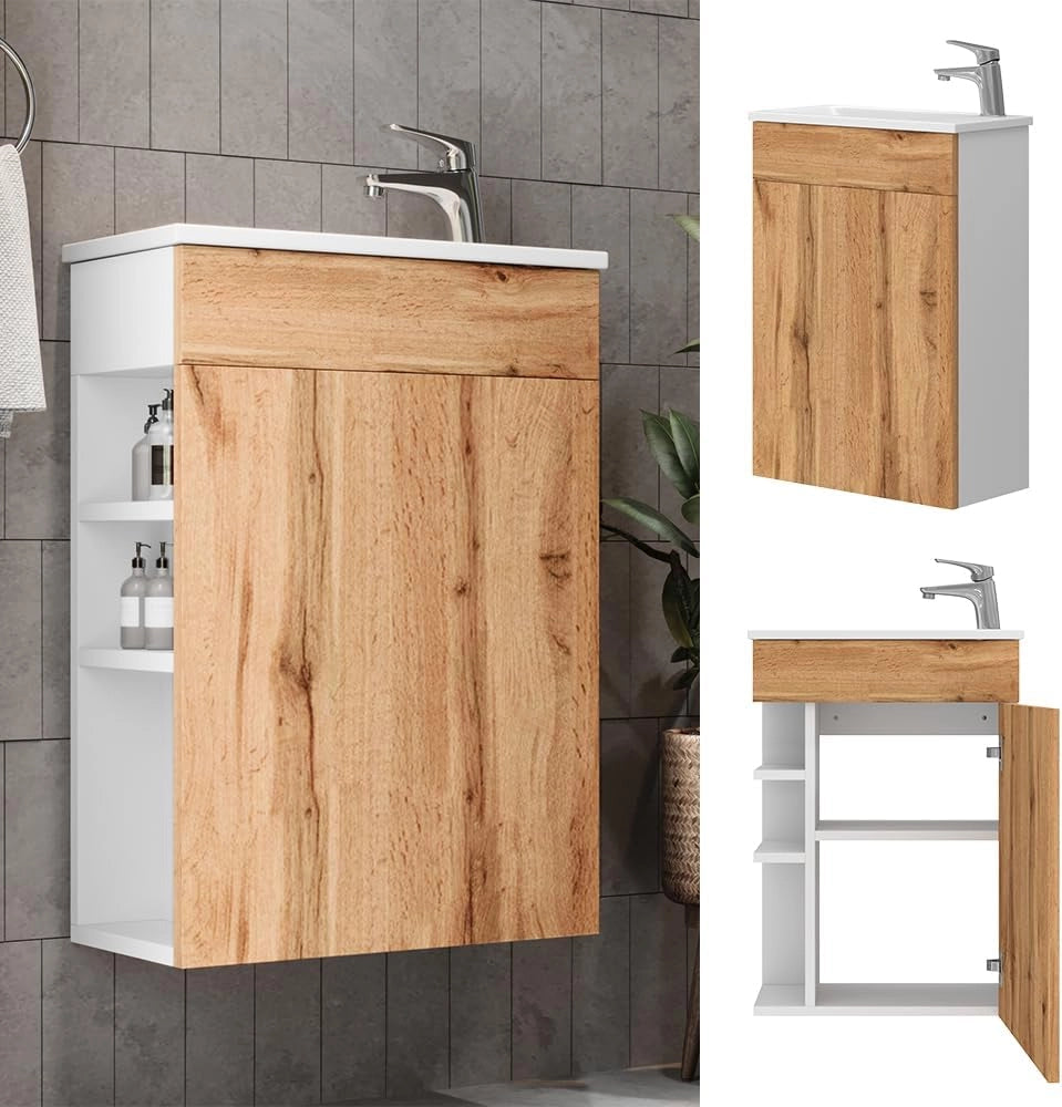 Set mobili bagno Amadeo, Quercia dorata, 50 cm, composto da mobile sottolavabo e lavabo