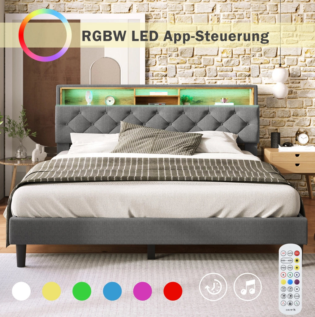 Letto matrimoniale imbottito con testiera contenitore e LED; 140x200 cm; grigio