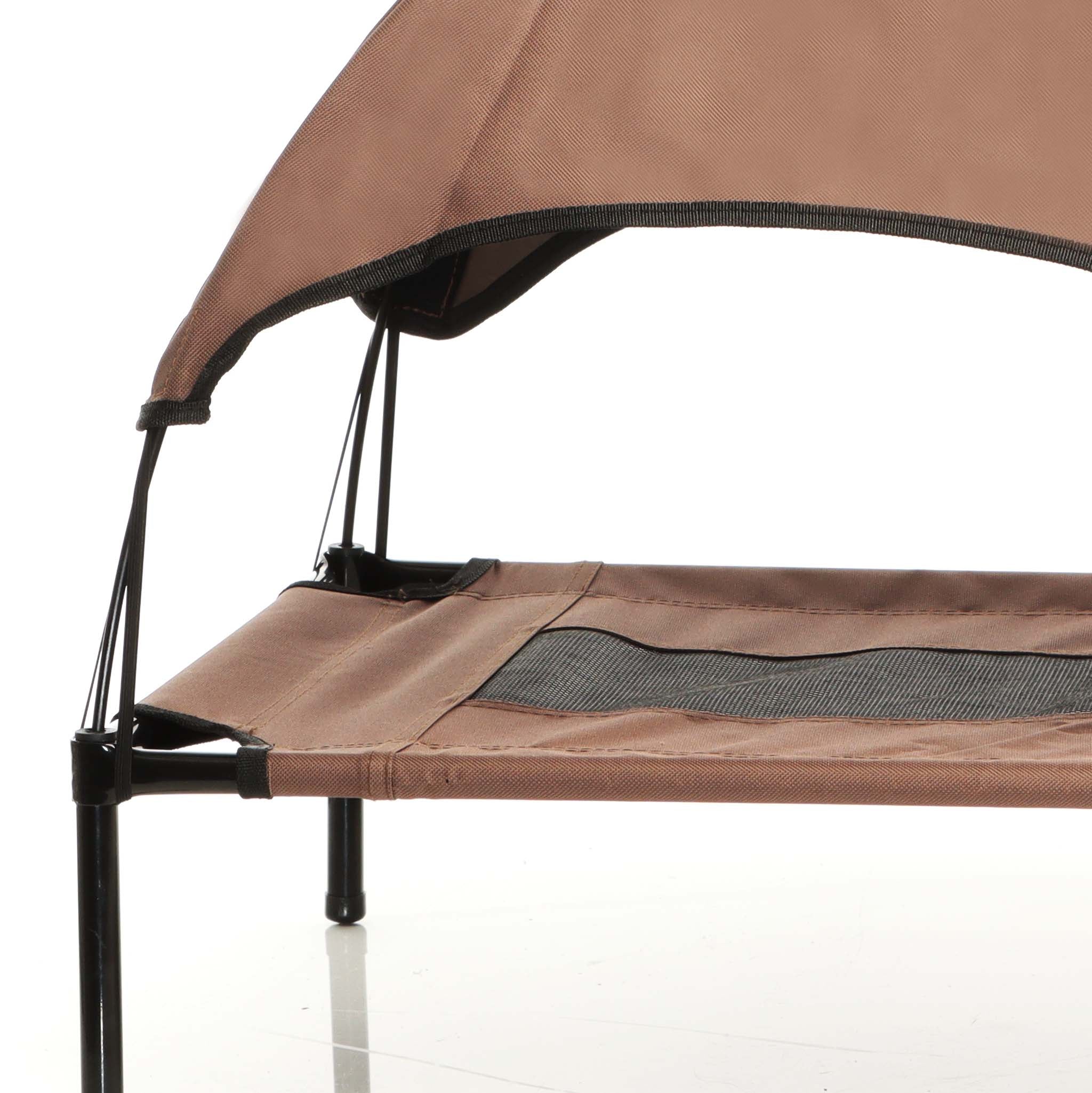 Brandina per cani e gatti con tettoia marrone, cuccia per cani max 35kg, lettino da esterno per animali con tettuccio parasole, 91x76x16cm