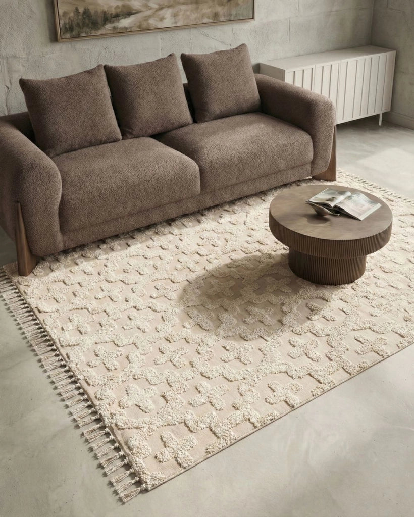 Tappeto in cotone beige 140 x 200 cm minimalista trapuntato motivo geometrico soggiorno camera da letto