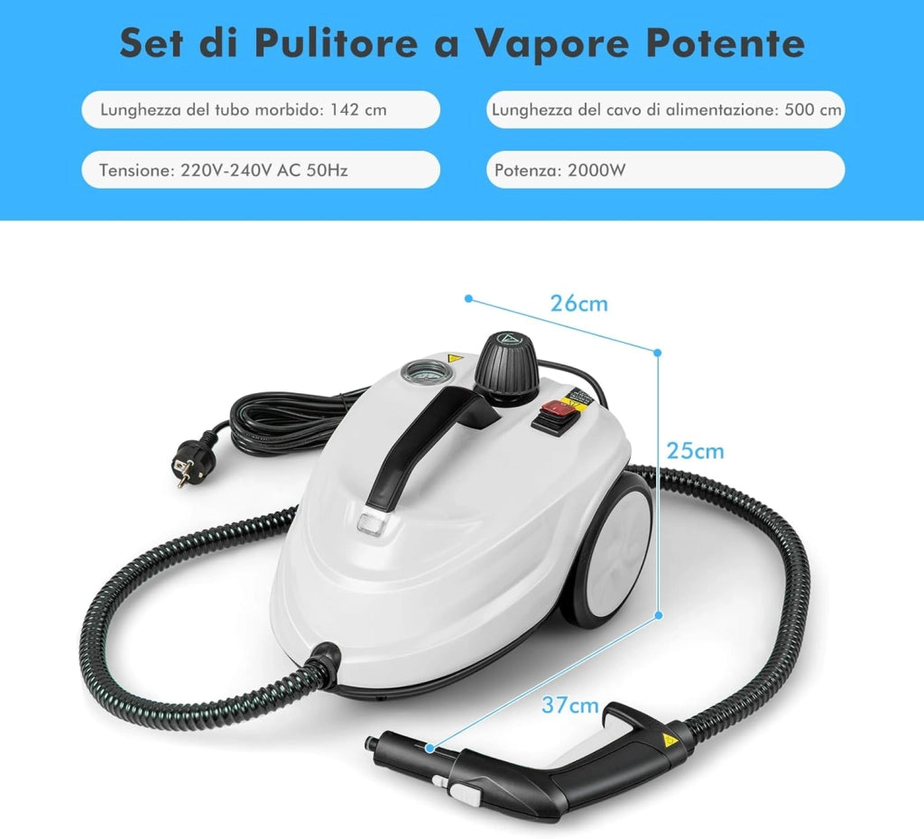 2000W Pulitore a Vapore, Macchina per Pulizia Rotante con 13 Accessori, Capacità d'Acqua di 1,8L, Macchina a Vapore Multiuso per Tappeti Finestre Vetri e Tende (Bianco)