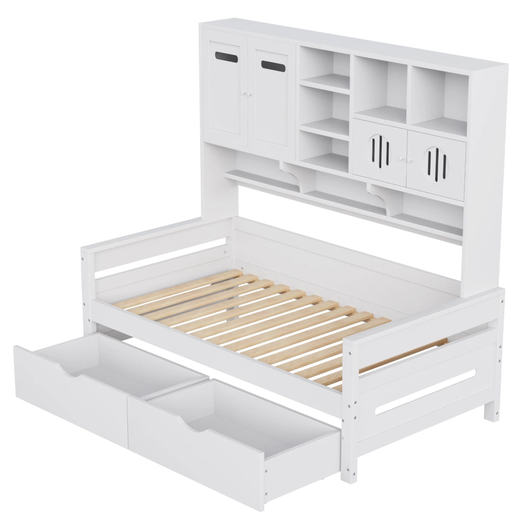 Letto singolo 90x200 cm con cassetti e vani contenitore in pino bianco