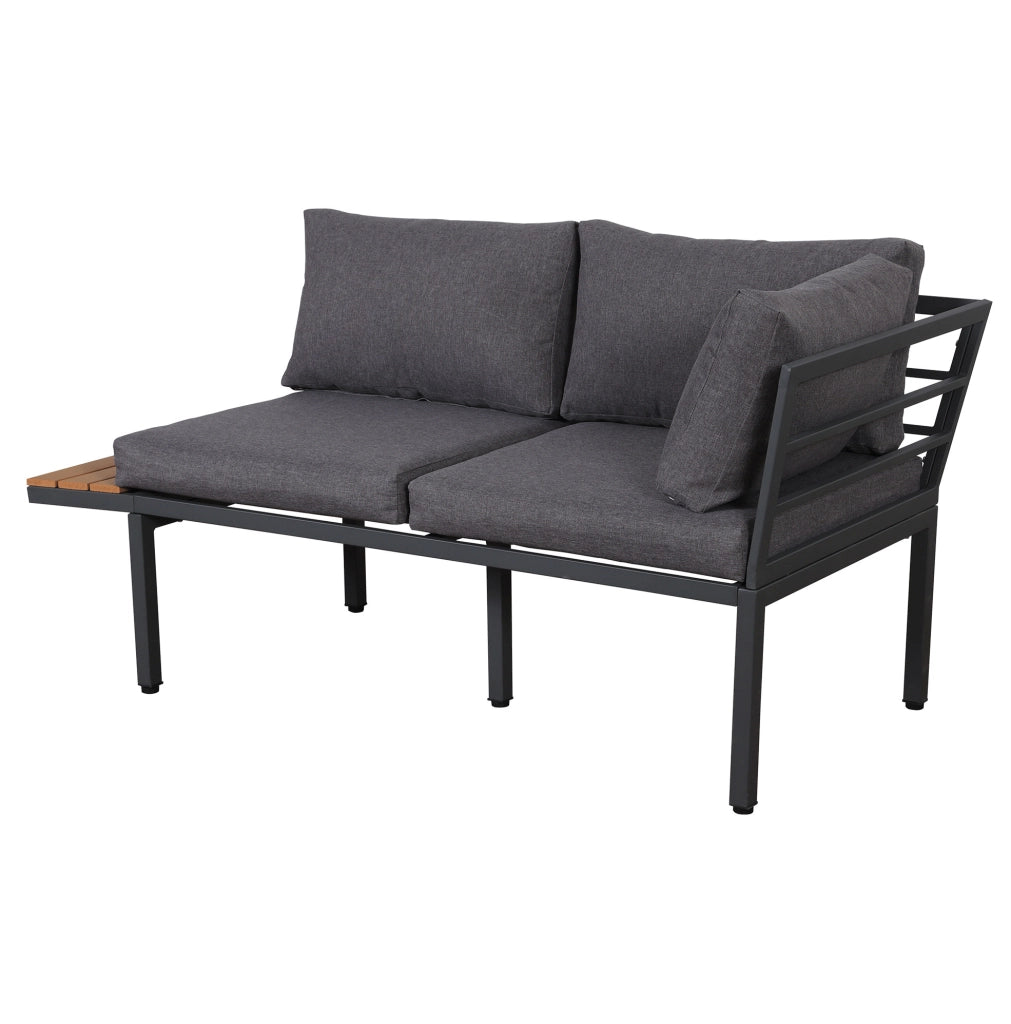 Set da giardino con divano angolare; tavolino laterale e tavolino/poggiapiedi; grigio e nero