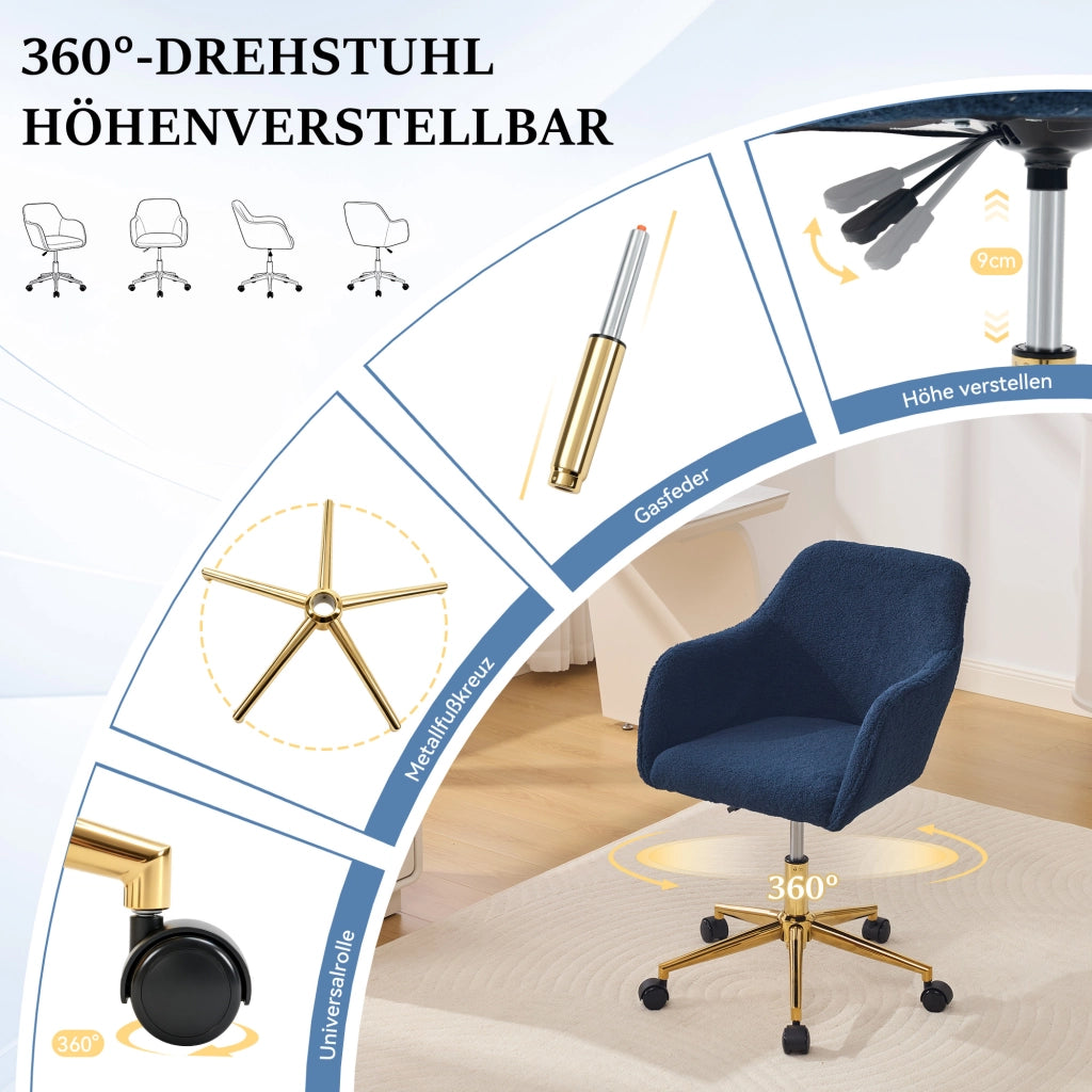 Sedia da ufficio girevole regolabile in altezza 360° con ruote in tessuto Teddy Blu scuro