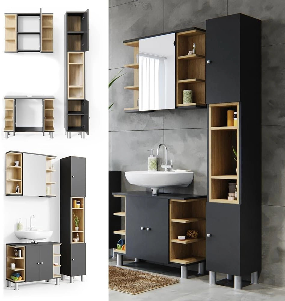 Set mobili bagno Aquis, Antracite, 79.6 cm, composto da mobile sottolavabo, specchiera e colonna alta